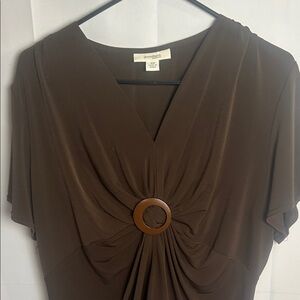 Ann Taylor Brown V-Neck Blouse with Circle Accent